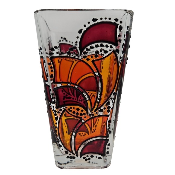 Glashausle Other - Handpainted German Stainglass Style Vase Black Orange And‎ Maroon On Clear Glass